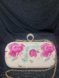 Blush Clutch W/ Embroderid Pink Flower Detail & Crystals W/ Long Gold Layered Chain Strap 202//269